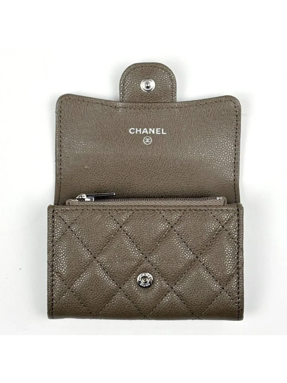 Chanel CC Logo Card Case Coin Purse Quilted Caviar Leather Gray